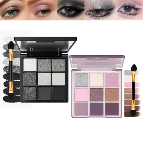2 Pack Professional Eyeshadow Palette with 9 Matte & Shimmer Shades - Long Lasting Waterproof Smokey Glitter Eyeshadow Kit for Women, Travel Size with Applicator Brush, Highly Pigmented Blendable