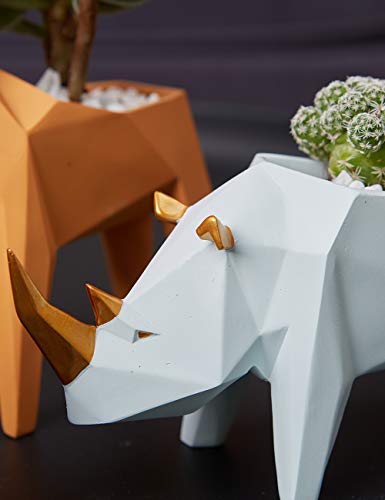 HauCoze Cactus Planter Suculento, Estatueta de Rhino Geométrico, Escultura de Decoração Doméstica, P