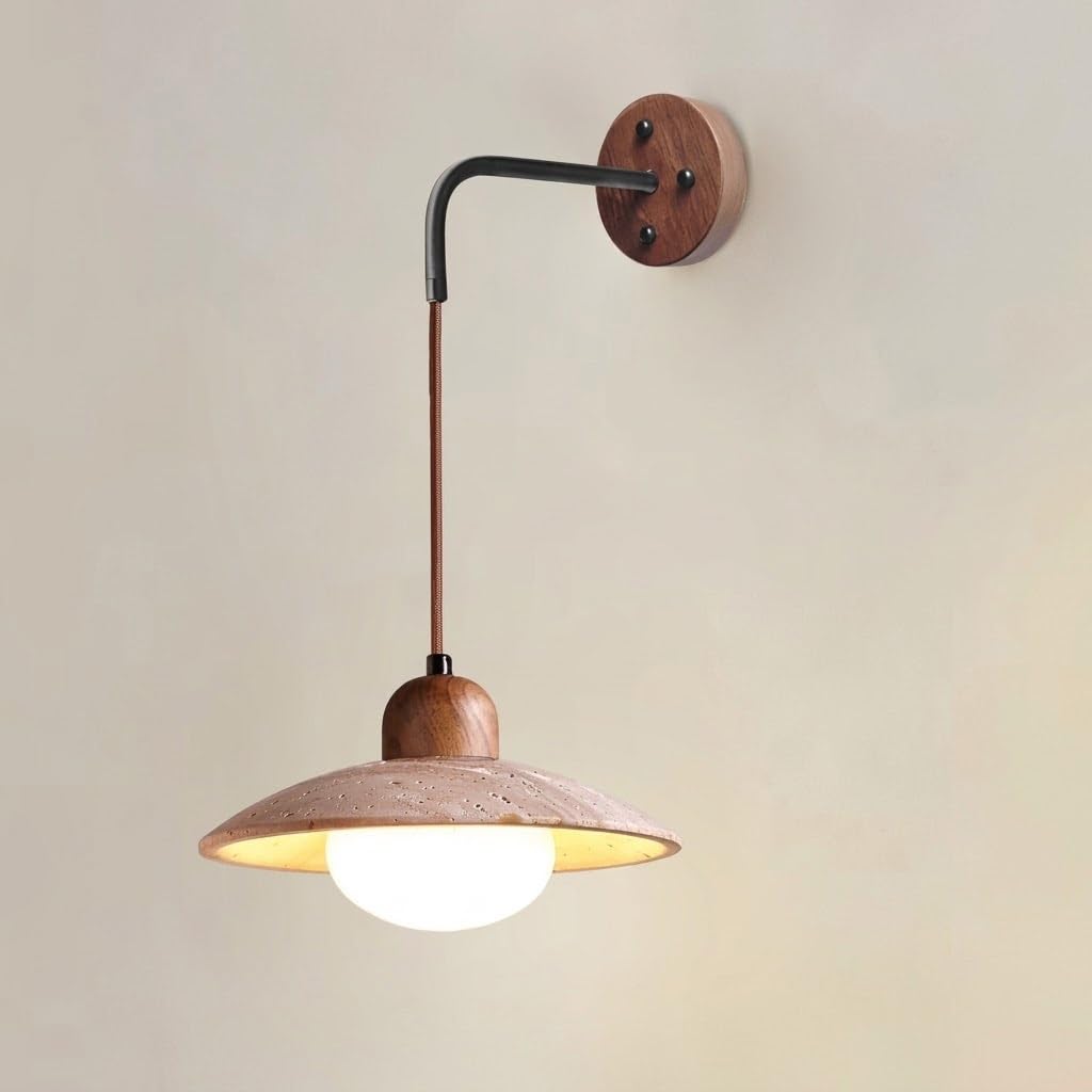 Cosrub One Color Yellow Travertine Wall Sconce, Cream Dome Stone Wall Lights With Glass Globe Shade Japanese Farmhouse Dimmable Wall Lamps For Bedside Reading Nook Entryway