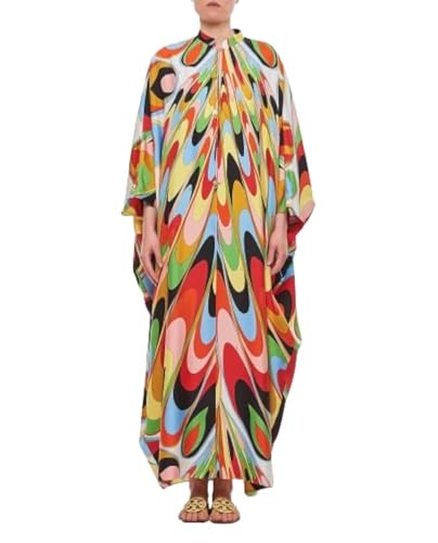 Image of Women's Soft Satin Silk Kaftan - Designer Printed Luxury Resort Wear - Multi Color Long Caftan Dress