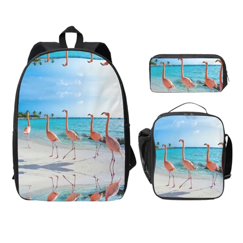 Sac à dos d'école flamant rose 3 pièces avec boîte repas et trousse
