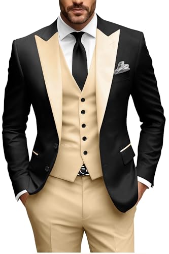 HUUTOE Champagne Suit for Men Mens Suits 3 Piece Slim Fit Men Groom Suit for Wedding Mens Suit Black and Gold Suits M Prom Men's Tuxedos Suits 40