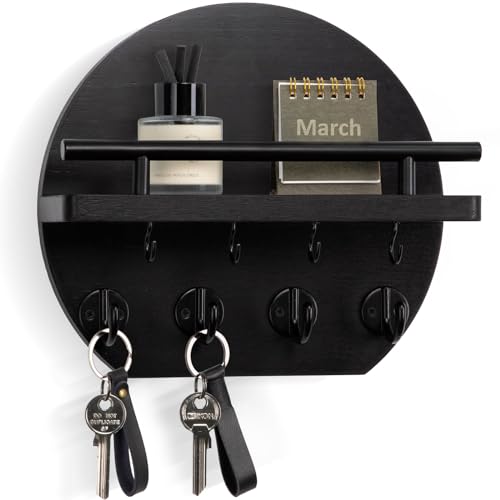Nekon Key Holder for Wall - 9.8 Inch Apartment Wall Decor with Shelf and 8 Key Hooks, Circular Wood Key Hanger for Home Decor (Black) by Nekon - Used condition - US$17.04