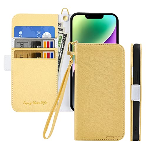 Butnyeoe Cover per iPhone 14 Case,Custodia iPhone 14 Libro,Trama Litchi PU Pelle Protettiva Portafoglio Flip/Folio Wallet Case Con Slot per Schede e Magnetica Supporto,Giallo