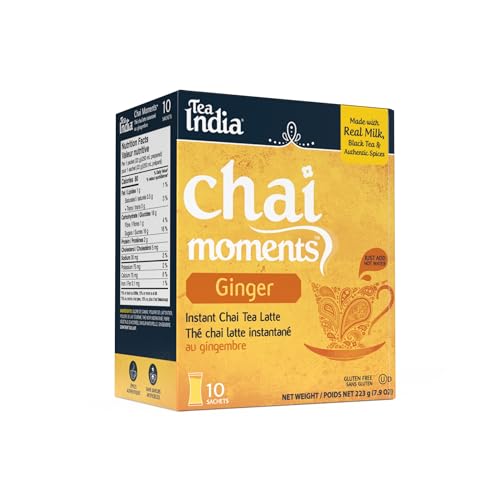 Tea India Chai Moments Ginger Chai Tea Instant Latte Mix Flavorful Blend Of Premium Black Tea, Ginger & Natural Ingredients Traditional Indian Caffeinated Tea Individually Wrapped 10 Sachets