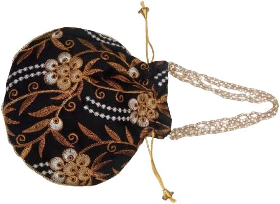 Potli Bag for Women Ethnic Gold, Pearl Handle Floral Accents, Drawstring Closure Pearls Handle Batwa Clutch Purse - Image 6