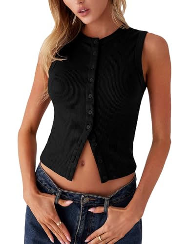 Image of Bozanly Womens Button Down Ribbed Tank Top Summer Sexy Sleeveless Slim Fit Y2k Crop Going Out Tops(0947-Black-S)