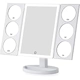 [2019 X-Large Model] Lighted Makeup Mirror, 44 LED Lights Vanity Mirror with Twin Magnifying Panels (3X/5X/10X) and Dual Power Supply, 360° Rotatable Trifold Mirror (White)