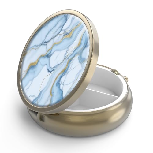 Image of Pill Case Pill Box with Mirror Retro 3 Compartment Small Pill Case for Purse or Pocket Bronze Small Roud Pill Box or Vitamins, Fish Oil, Supplements, Pill Containe Travel Gifts( White Blue Marble)