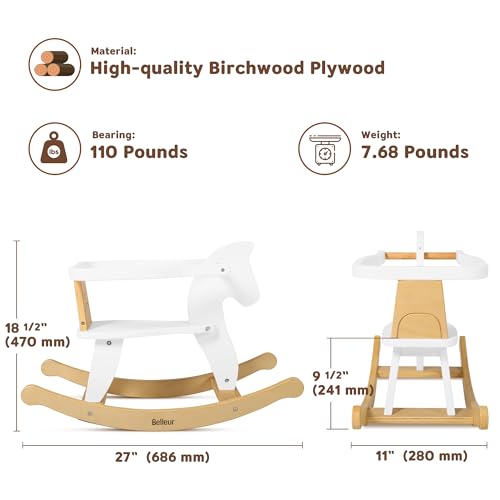 Belleur Schaukelpferd ab 1 Jahr, Schaukeltier Massivholz für Babys und Kleinkinder, Schaukelstuhl Holz Pferd, Pferd Zum Reiten für Kinder, Schaukeltier für Kinder - Weiß – Bild 7