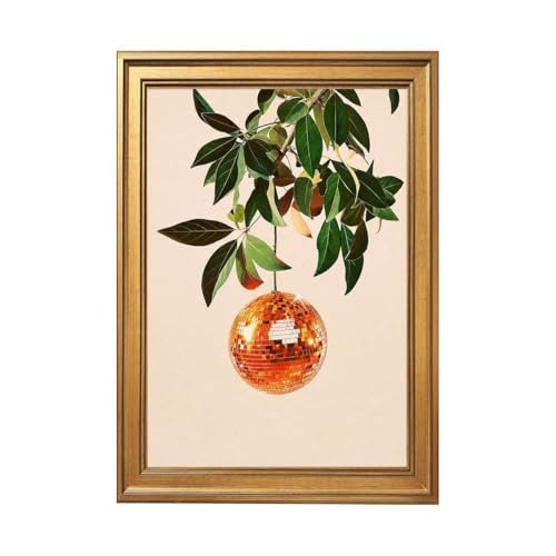 Framed Canvas Wall Art Orange Disco Ball Hanging from Green