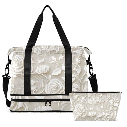 White Romantic Valentine Roses Duffel Bag Overnight Bag with Adjustable Strap for Yoga Large Capacity2