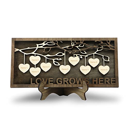 Jeweidea Personalized Family Sign with 2-9 Names Custom Wooden Tree of Life Frame Engraved Wood Plaques Decor Birthday Gift for Mom Women (9 Names)