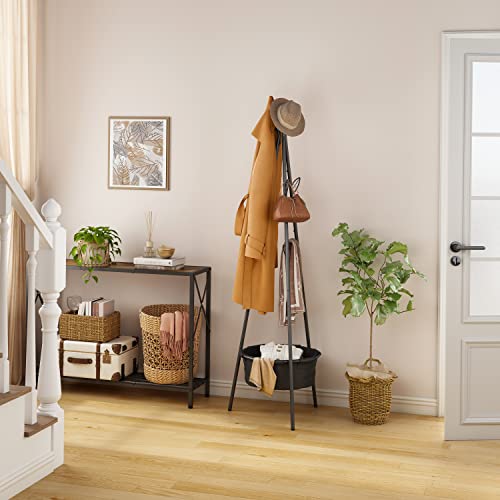 Tajsoon Coat Rack Freestanding,Umbrella Holder,Entryway Coat Hanger Stand With Fabric Storage Basket And 6 Leaves Hooks,Hall Tree With Coat Rack,Hats,Scarves,Clothes,Handbags,Black #TOP2