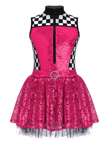 Girls Sparkle Racing Cheer Leader Uniform Sleeveless Checkered Leotard Tutu Skirt Hot Pink 10 Years3