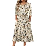 Dresses for Women Summer Fashion Round Neck 3/4 Sleeve Boho Floral Printed A-Line Beach Holiday Dress with Pocket Womens Dresses Summer