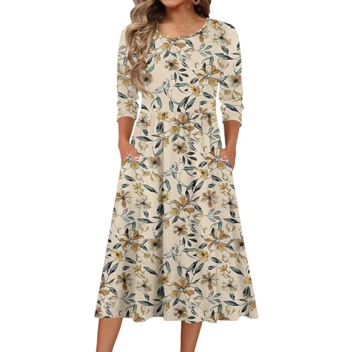 Dresses for Women Summer Fashion Round Neck 3/4 Sleeve Boho Floral Printed A-Line Beach Holiday Dress with Pocket Womens Dresses Summer