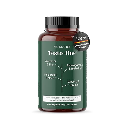Nullure Testo-One T-Kapseln | Unabhängig getestet | Maca + Tribulus + Bockshornklee + Ashwagandha + Ginseng + Zink | Vegan & Ohne Zusätze | 120 Stück 2 Monate