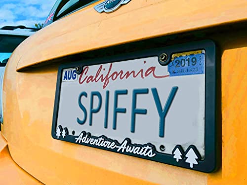 Spiffy License Plate Frame Adventure Awaits For Us/Can Vehicles Matte Finish With Vibrant Raised Lettering | Weatherproof Polyurethane | Strong Securing Clips | Original Design | Made In The Usa #TOP5