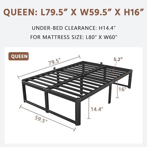 Image of ZTH Queen Size Metal Platform Bed Frame 16 in, No Box Spring Needed, Black | Heavy duty support, Underbed storage, Noise-free design, Anti-slip clips, Rounded legs, Easy assembly, Headboard compatible