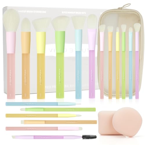 VIVID BEAUTY 18pcs Colorful Makeup Brush Set with Make up Bag and Sponge Applicators for Liquid Foundation - Professional Cosmetics Tools Blush Blending Blender Brushes Gift Pack (Multi-Colored)