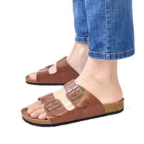Oncai Men's-Slide-Sandals-Beach-Slippers-Arizona Slippers Shoes Summer Indoor And Outdoor Anti-Skidding Flat Cork Sandals And Beach Slippers With Two Adjustable Straps Khaki Size 9 #TOP5