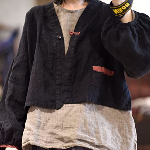 NFYM Women's Linen Open Front Shirt Lantern Long Sleeve V Neck Plain Color Crop Top Blouse4