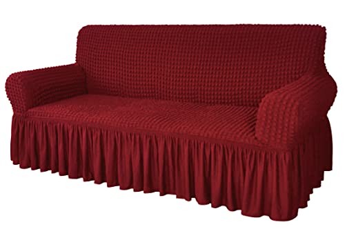 Image of House of Quirk Turkish Bubble Frill 280 GSM Sofa Slipcovers, Durable Washable Universal Triple Seater High Elastic Furniture Protector (Maroon, 185-230cm)