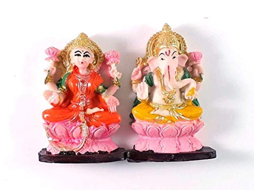 Par de estatuas de Lord Ganesha y Lakshmi de resina 4 pulg miniatura 3