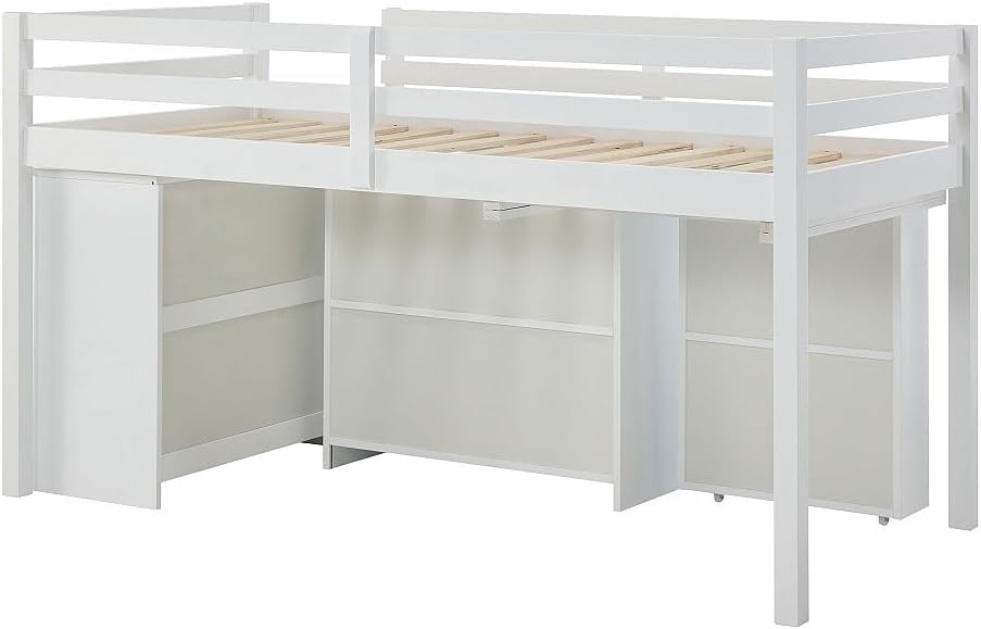 යටි පැත්ත view of the Vente-unique ABRENO combined bed, showing the support structure and the mechanism for the extendable desk.