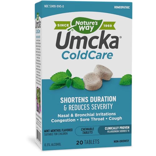 Nature's Way Umcka ColdCare Homeopathic, Shortens Colds, Sore Throat, Cough, and Congestion, Phenylephrine Free, Non-Drowsy, Mint Flavor, 20 Chewable Tablets Nature's Way Umcka ColdCare Homeopathic, Shortens Colds, Sore Throat, Cough, and Congestion, Phenylephrine Free, Non-Drowsy, Mint Flavor, 20 Chewable Tablets