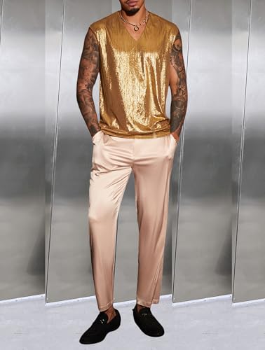 OYOANGLE Men's Metallic V Neck Tank Top Disco Shiny Party Night Out Sleeveless Shirts Clubwear4