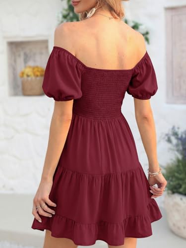 Image of Veatzaer Women's Puff Sleeve Square Neck Smocked Babydoll Dress Boho Floral Print Off Shoulder Ruffle Mini Short Dress
