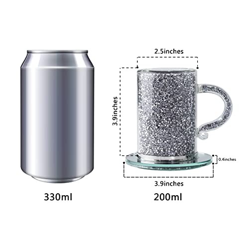 Set Of 2 Silver Glass Coffee Mug With Coasters, 6.7Oz, (Coasters-3.9"D X 0.4"H), Glass Mug Sets Coffee Cup Cappuccino Cup, Filled With Sparkly Crystal Crushed Diamond, Bling Kitchen Tabletop Decor #TOP1