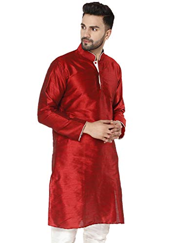 Image of Men's Art Silk Woven Design Long Kurta Mandarin Collar Straight Shirt