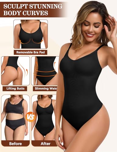 Tuopuda Shapewear Damen Bauchweg Bodysuit mit BH Body Sculpting V-Ausschnitt Formender Vielseitige Body Shper mit Verstellbarer Schultergurt(Schwarz,S)