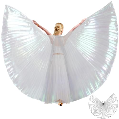MUNAFIE Belly Dance Isis Wings with Sticks for Adult Belly Dance Costume Angel Wings for Halloween Carnival Performance white