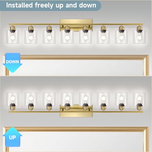 Image of Modern Brushed Gold 8 Light Bathroom Light Fixtures, 52 inch Vanity Lights for Bathroom with Clear Glass, Bathroom Light Fixture for Mirror Kitchen Living Room Hallway Cabinet Porch