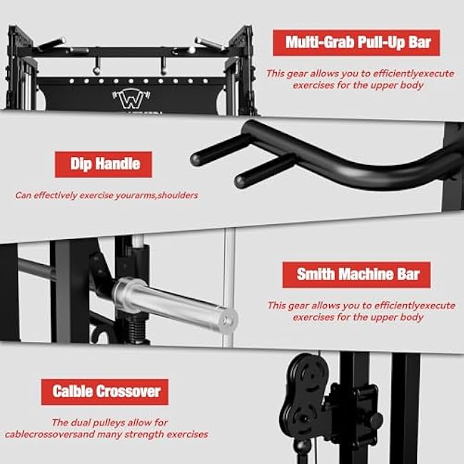 Waxman Smith Machine with Cable Crossover System, Multi - Function Squat Rack Power Cage for Home Gym & Power Rack Packages with 340lBS Color Plates