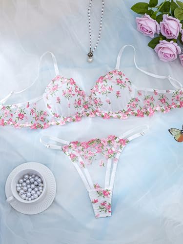 Image of Sexy Floral Embroidered Flower Mesh Underwire Push Up Lingerie Set
