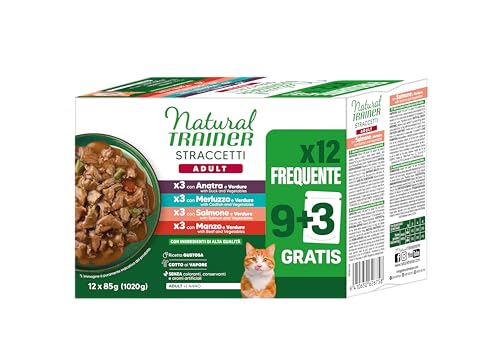 Natural Trainer Straccetti Cibo Umido per Gatti Adulti - Bocconcini in salsa Multipack (Salmone, Manzo, Anatra, Merluzzo) 12 x 85g