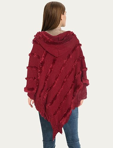 Aivtalk Poncho Hooded Shawl for Women Fringed Hem Cape Knitted Elegant Warm Wrap Tassel Sweater2