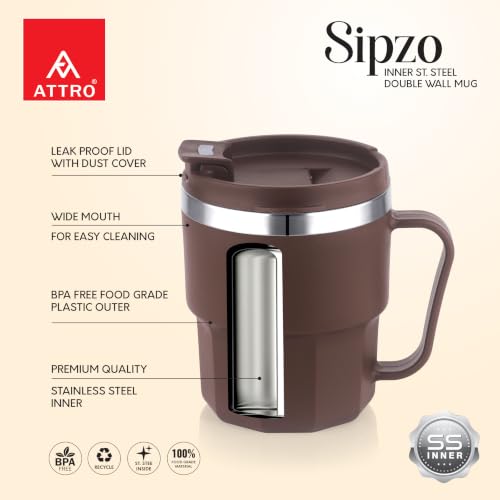 Image of ATTRO Sipzo Double Wall Inner Steel Coffee Mug, 350ml, Microwave Safe, Stainless Steel Inner, BPA Free Food Grade Outer, Leakproof Lid with Dust Cover, Wide Mouth, Office & Travel Mug-Brown