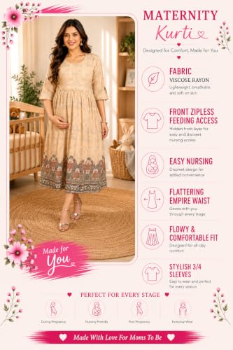 Image of RITIJYA Zipless Feeding Kurta Dress for Women | Maternity Nursing Kurti, No-Zip Easy Access | Extra Pleats Pre to Post Pregnancy | Quick-Dry Fabric | S-4XL