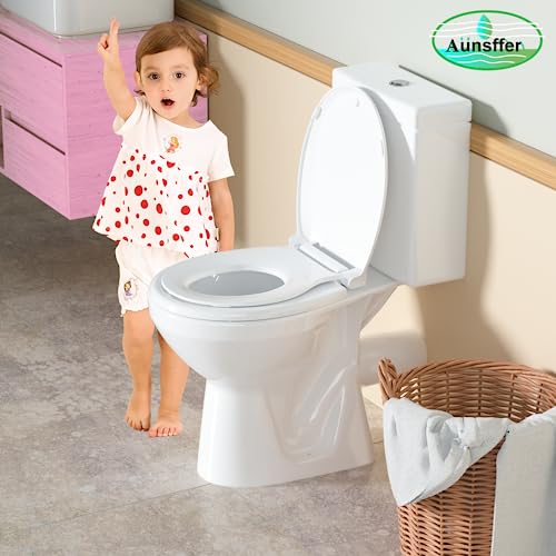 Image of Aunsffer Toddler Toilet Seat with Potty Training Seat Round 16.5inch, 2 in 1 Toilet Seat for Family Built-in Baby Seat Removable, Soft Close + Easy Clean, PP Safe Material, White