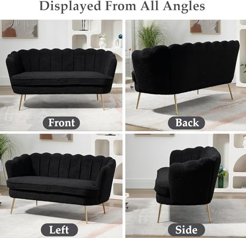 anwickjeff 59" Wide Modern Boucle Loveseat Small Sofa Small Mini Room Couch 2-Seater Sofa with Gold Metal Legs for Space Office Studio Apartment Bedroom (Black)