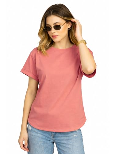 Image of JUNEBERRY Pure 100% Cotton Oversized Loose Fit Drop Shoulder Round Neck Boyfriend Fit Solid Half Sleeves T-Shirt for Women & Girls (Sizes: S to 2XL)