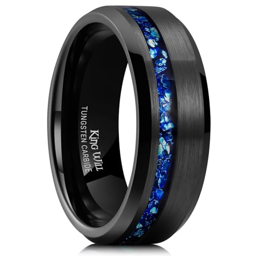 King Will 8mm Black Tungsten Rings, Men's Wedding Rings Blue Meteorite Inlay Beveled Edge Wedding Band for Men Women Comfort Fit and Durable, Size 9 by King Will - Used condition - US$9.80