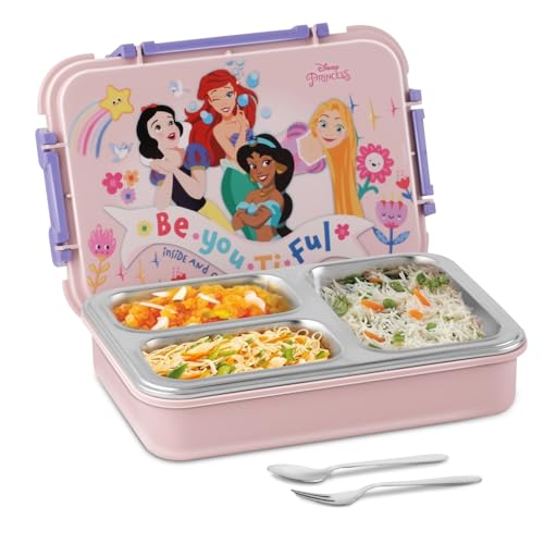 Image of JAYPEE Toon Box 3 Princess Inner Stainless Steel Insulated 3 Cavity Lunch Box for School Kids |Airtight Leakproof Tiffin Box with 2 Additional Lock |100% Food Grade| 625 ml, Pink