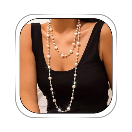 Metisee Gold Long Pearl Necklace Vintage Faux Necklaces Layered Sweater Chain Dainty Pearl Strand Jewelry for Women (gold-1)